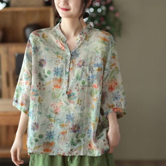 Mori Girl Print V-Neck Top - Image 13