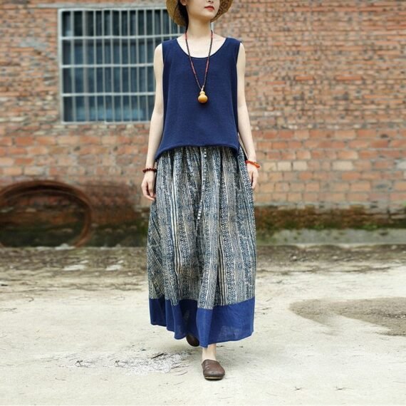 Gaia Beige & Blue Linen Skirt | Zen - Image 2