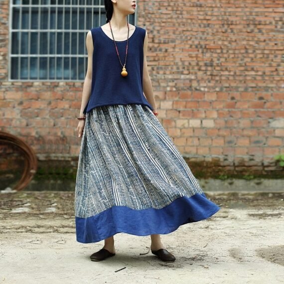 Gaia Beige & Blue Linen Skirt | Zen - Image 4