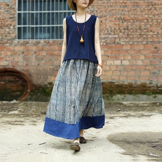 Gaia Beige & Blue Linen Skirt | Zen - Image 3