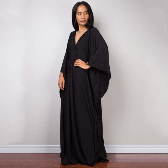 Onyx Black V-Neck Kaftan Dress - Image 4