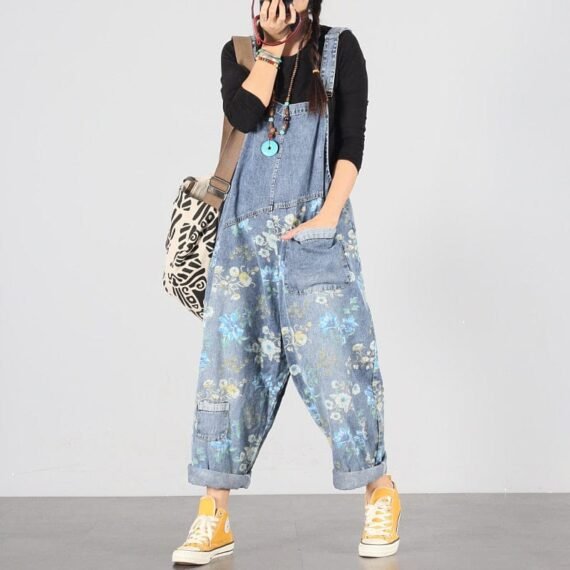 Light Blue Floral Denim Overall - Image 2