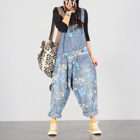 Light Blue Floral Denim Overall - Image 3