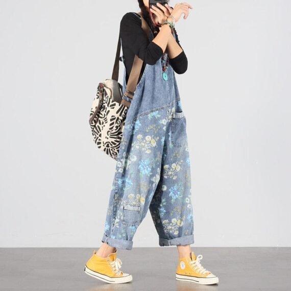 Light Blue Floral Denim Overall - Image 4