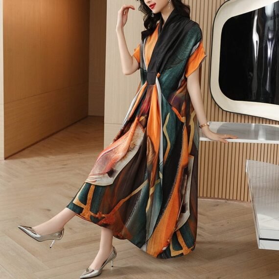 Abstract Art Natural Silk Midi Dress - Image 3