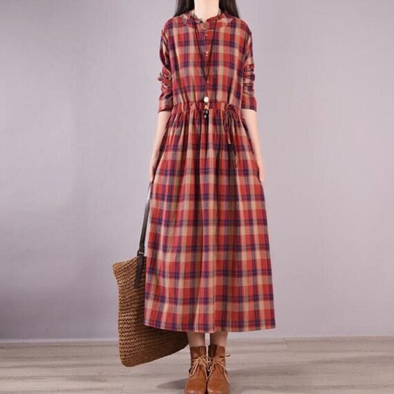 Vintage Plaid Loose Cotton Dress - Image 5