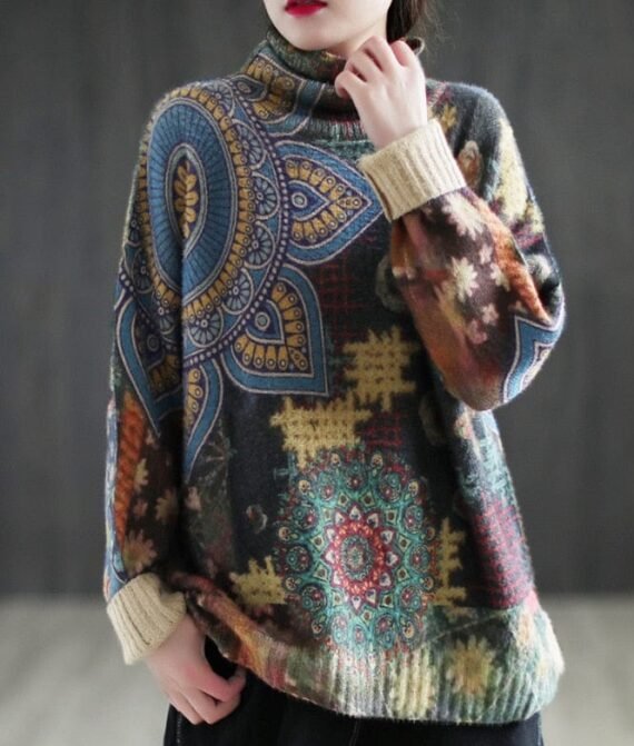 Retro Print Loose Turtleneck Sweater - Image 2