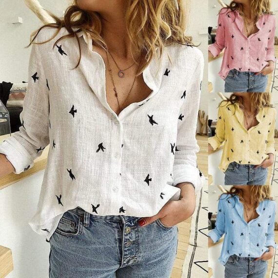 Bird Printed Casual Long Sleeve Shirt