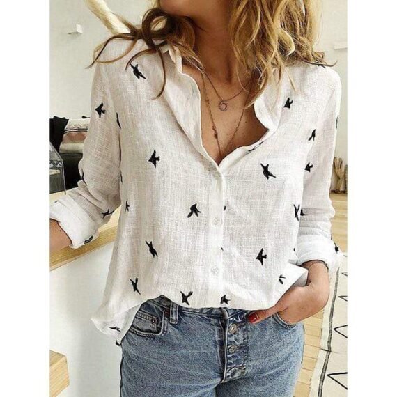 Bird Printed Casual Long Sleeve Shirt - Image 2