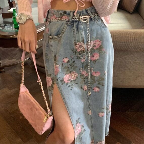 Alyssa Floral Split Denim Skirt - Image 3