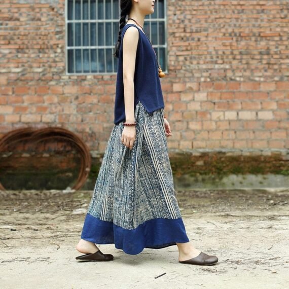 Gaia Beige & Blue Linen Skirt | Zen - Image 7