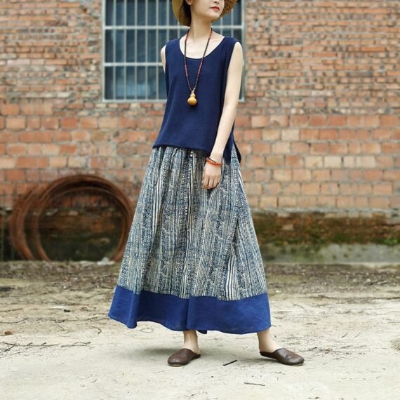 Gaia Beige & Blue Linen Skirt | Zen - Image 5