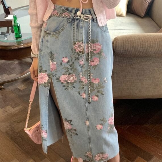 Alyssa Floral Split Denim Skirt - Image 2