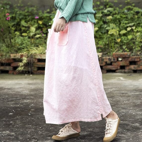 Soft Pink Linen Midi Skirt - Image 2