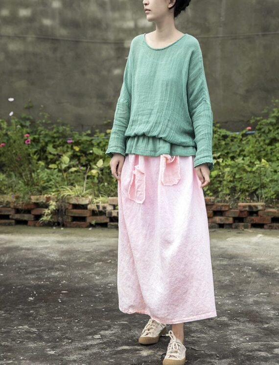 Soft Pink Linen Midi Skirt - Image 3