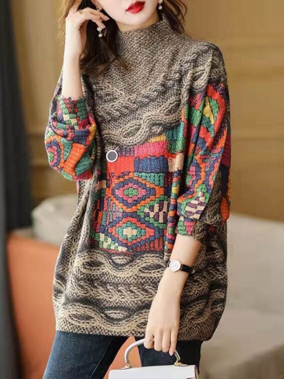 Turtleneck Printed Knitted Sweater - Image 3