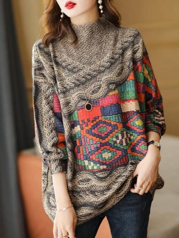 Turtleneck Printed Knitted Sweater - Image 4