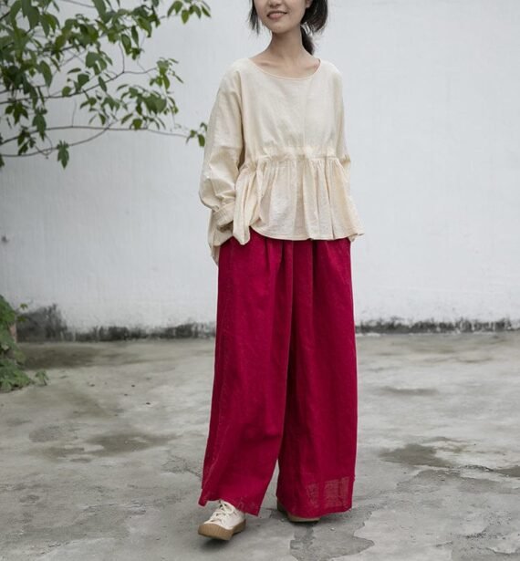 Vibrant Red Cotton Linen Palazzo Pants | Lotus - Image 4