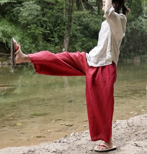 Vibrant Red Cotton Linen Palazzo Pants | Lotus - Image 9