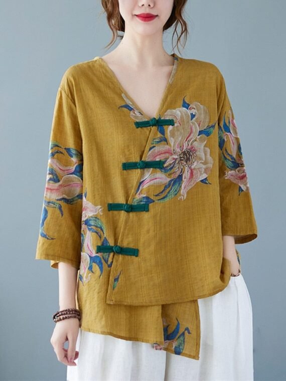 Floral Cotton Linen Oversized Blouse - Image 3