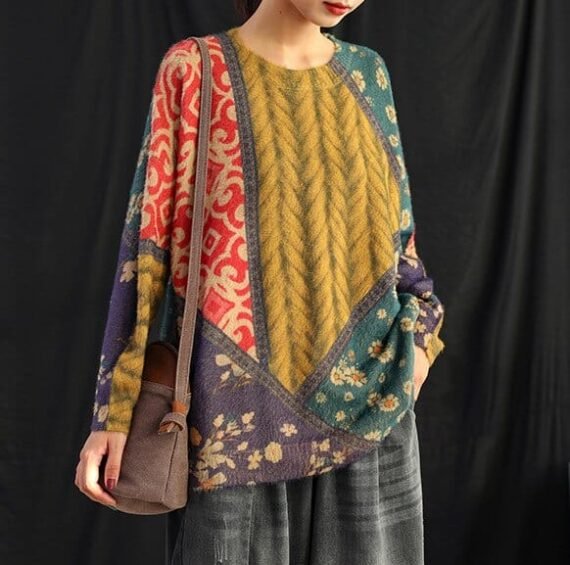 Knitting Retro Geometric Print Top - Image 8